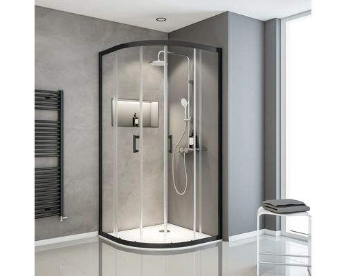 Ronde douche met schuifdeur SCHULTE ExpressPlus 90 x 90 cm, zwart profiel, helder glas, deurscharnier links, deurscharnier rechts