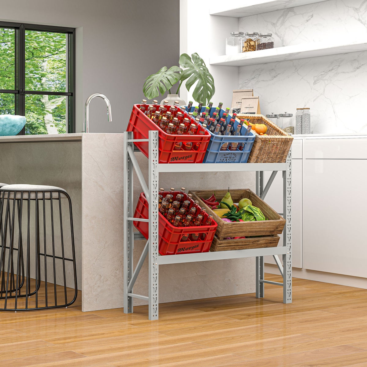 HOMCOM Drankkrattenrek voor 6 kratten, vrijstaand drankenrek met verstelbare plankhoogte, krattenrek 110 x 30 x 110 cm, staal, wit