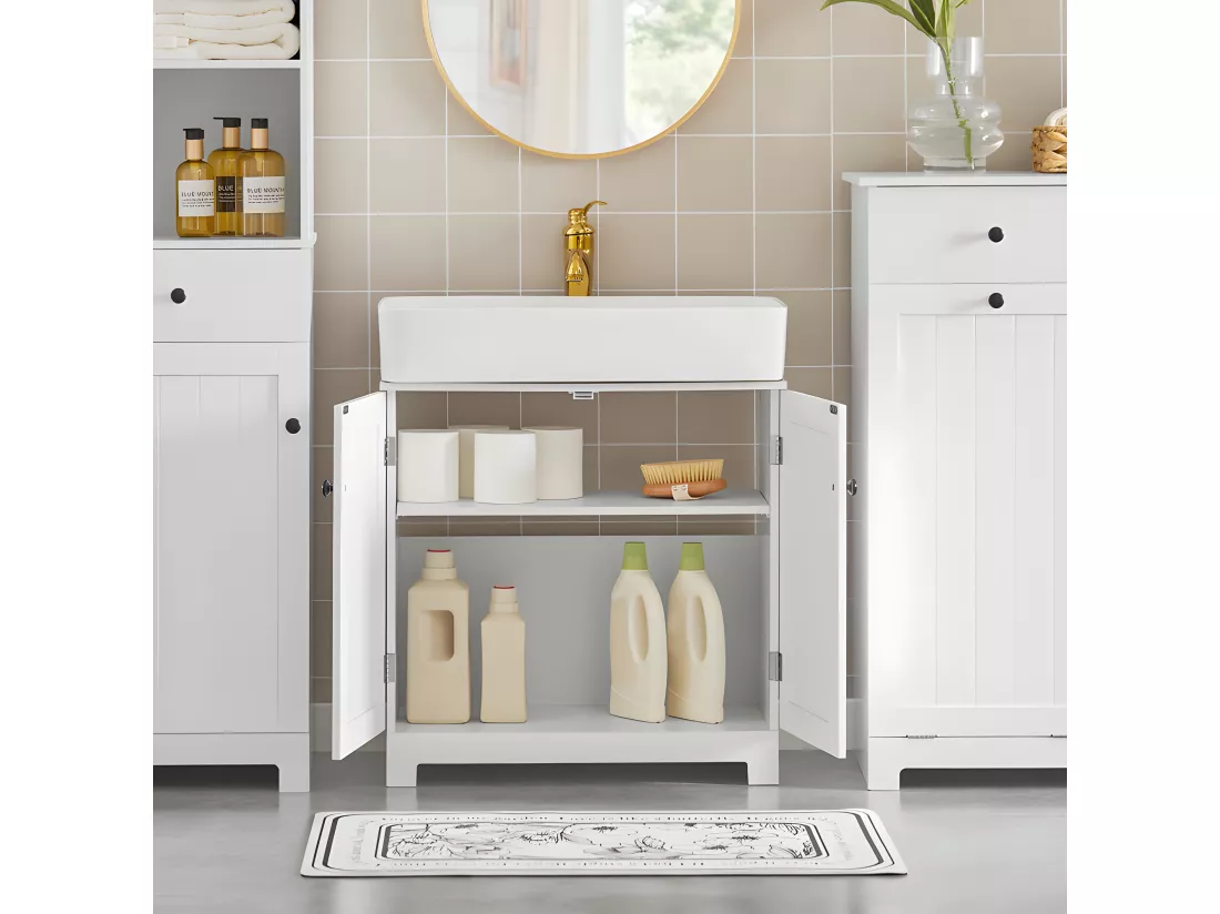 Meuble Sous-lavabo À 2 Étages Et 2 Portes Meuble De Rangement De Salle De Bain, BZr18-w