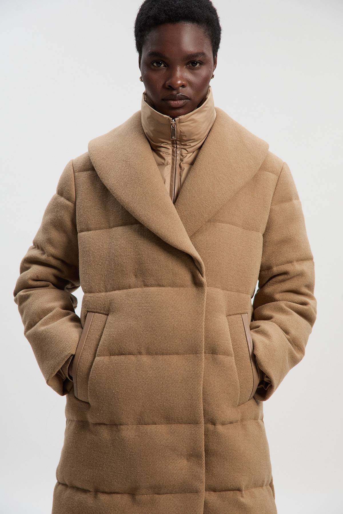 KarenMillen Manteau Matelassé Hybride en Laine Mi-Long