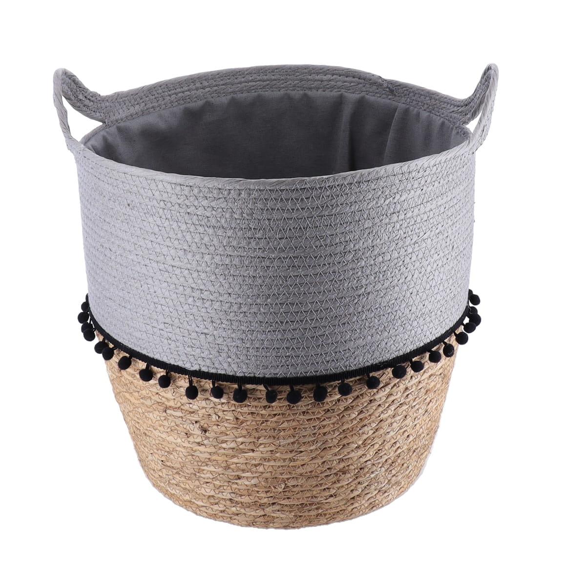 PANIERE RONDE DECO POMPONS D.42X48CM GRIS NATUREL