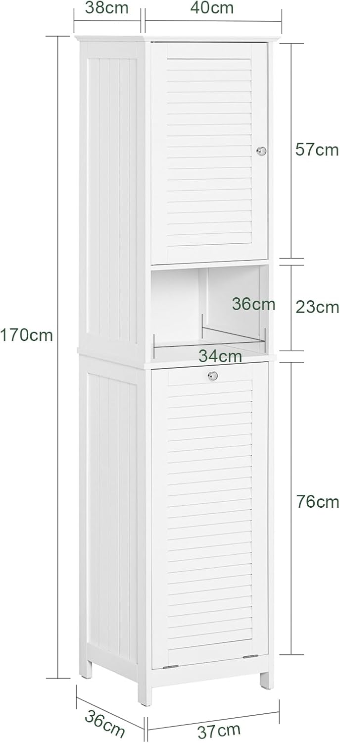 SoBuy Badezimmerschrank mit Wäschekorb Schmaler Badschrank mit Regal, Badmöbel für kleine Bäder, Wäscheschrank stehend Badezimmer Schrank Weiß 40x170x38 cm BZR124-W