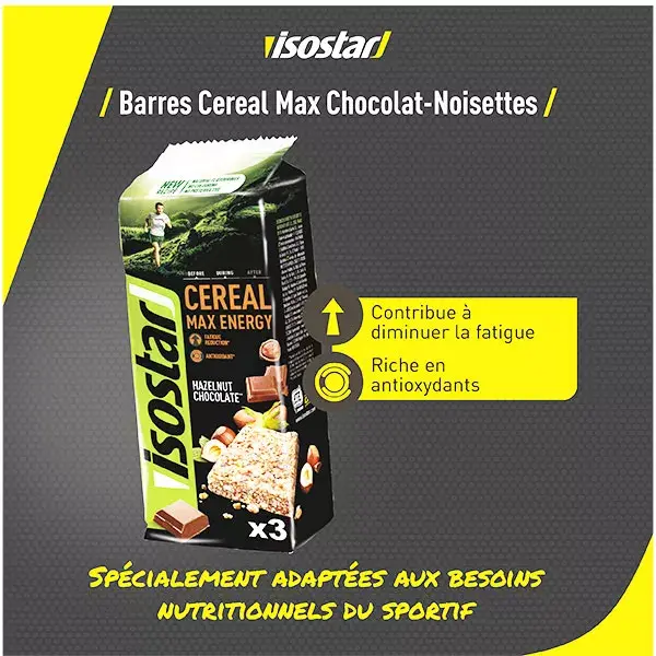 Barra energética Isostar Cereal Max Energy com chocolate e avelã (3 unidades)