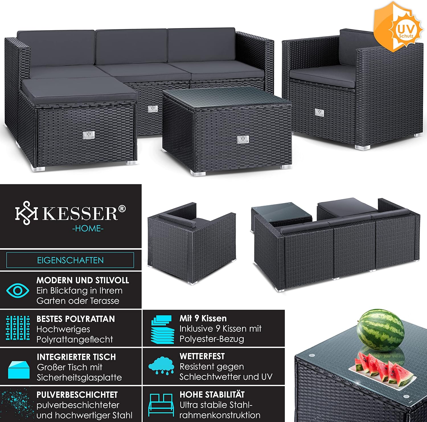 KESSER® Polyrattan Lounge Aruba - Gartenlounge für 4-5 Personen Gartenmöbel-Set Sitzgruppe aus 3er Gartensofa, Sessel, Hocker Beistelltisch mit Sitzkissen für Garten, Terrasse und Balkon, Anthrazit