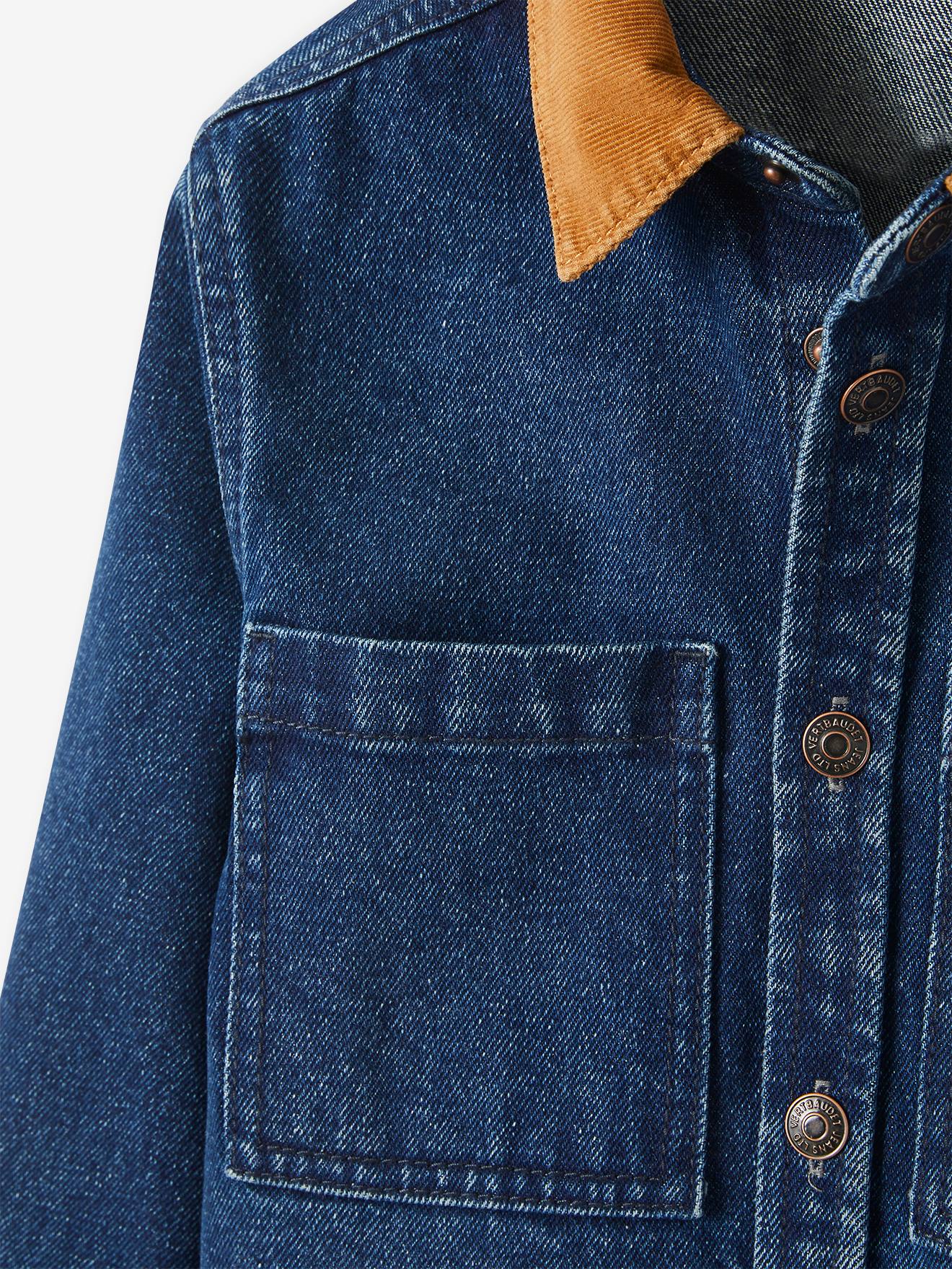 Sobretudo jeans azul escuro liso com gola de veludo para meninos