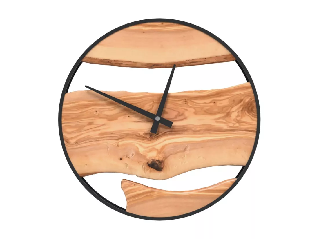 Horloge murale marron Ø35 cm fer et bois d'olivier