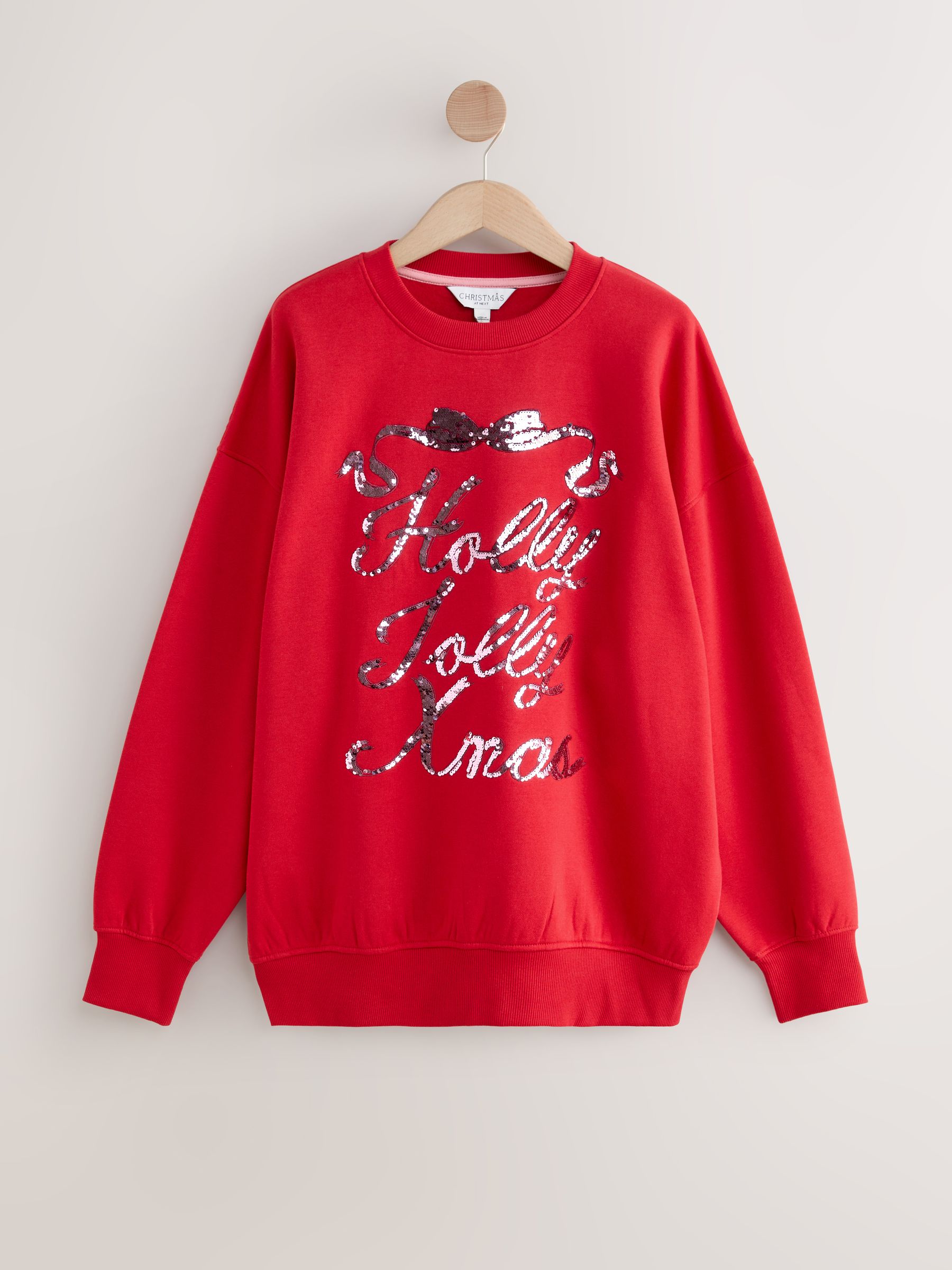 Rood - Pailletten Holly Jolly Kerstmis Grafisch Sweatshirt met Lange Mouwen