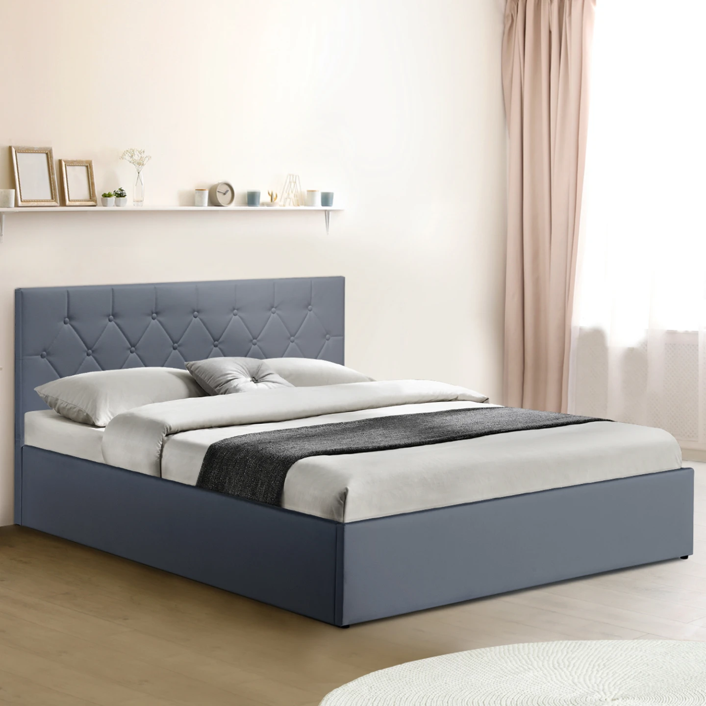 Lit coffre double AUSTIN avec tête de lit et sommier 160 x 200 cm PVC gris