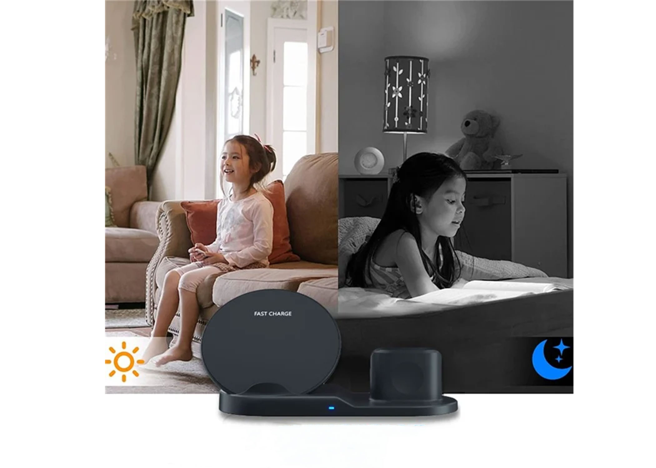 (10W) Smarte 3-in-1 iPhone / Apple Watch und AirPods Ladestation mit unsichtbarer 1080p Überwachungskamera   Micro SD Kartenslot - Schwarz