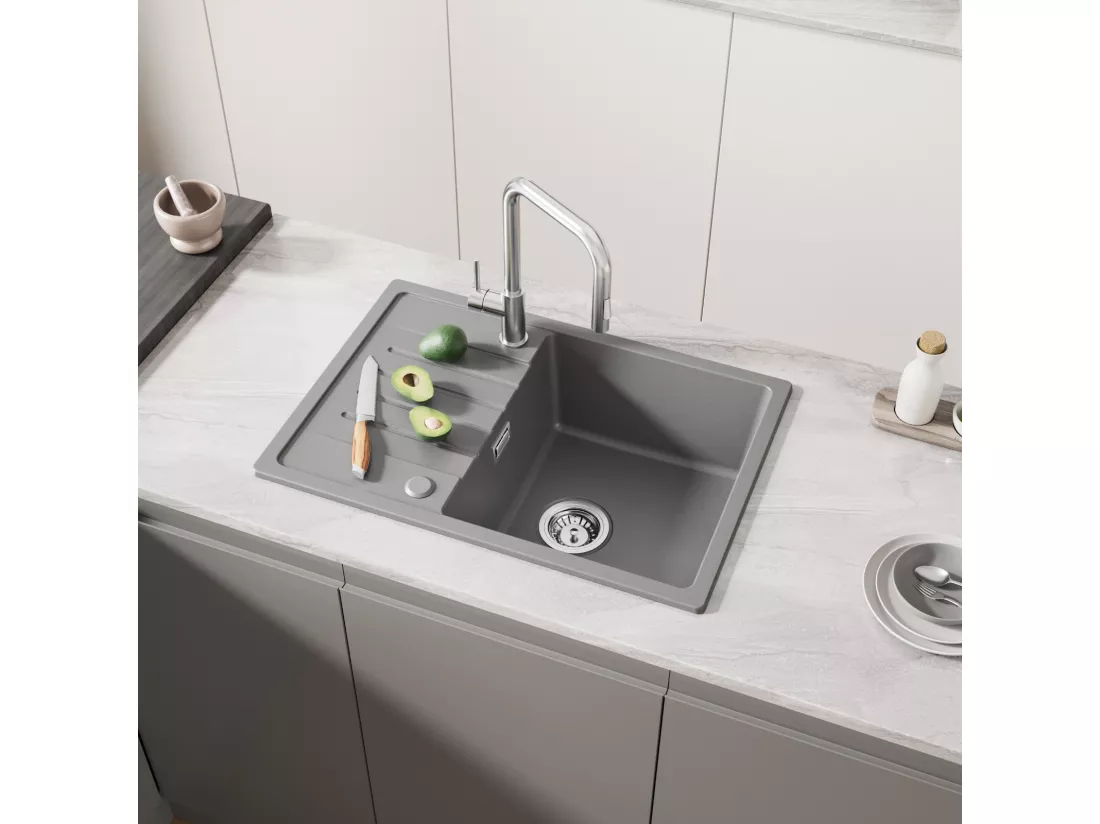 Cecipa max Evier de Cuisine Gris avec égouttoir 65 x 45 cm Evier à encastrer Evier 1 Bac Quartz et résine + 300ML Distributeur de Savon Brossé