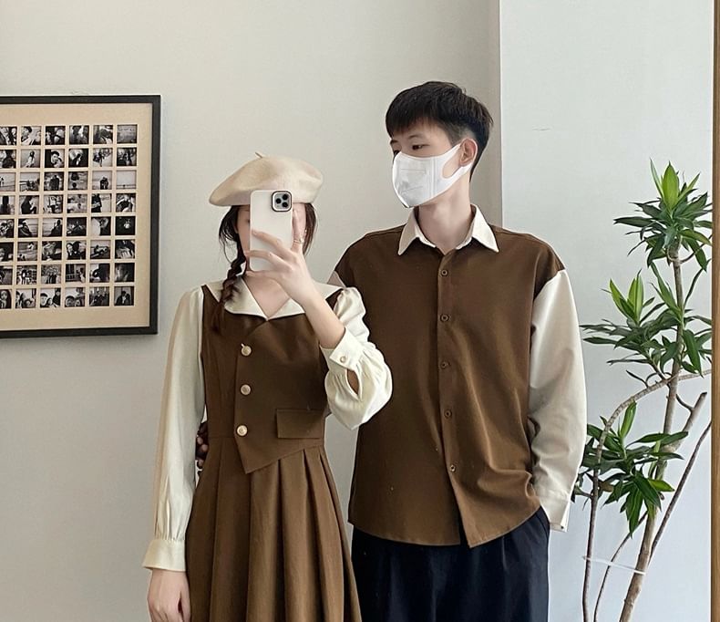 Azure - Matching overhemd met kraag en twee kleuren / Midi-jurk met lange mouwen en imitatiemotief in twee delen / Broek met rechte pijpen en effen taille met gemiddelde taille