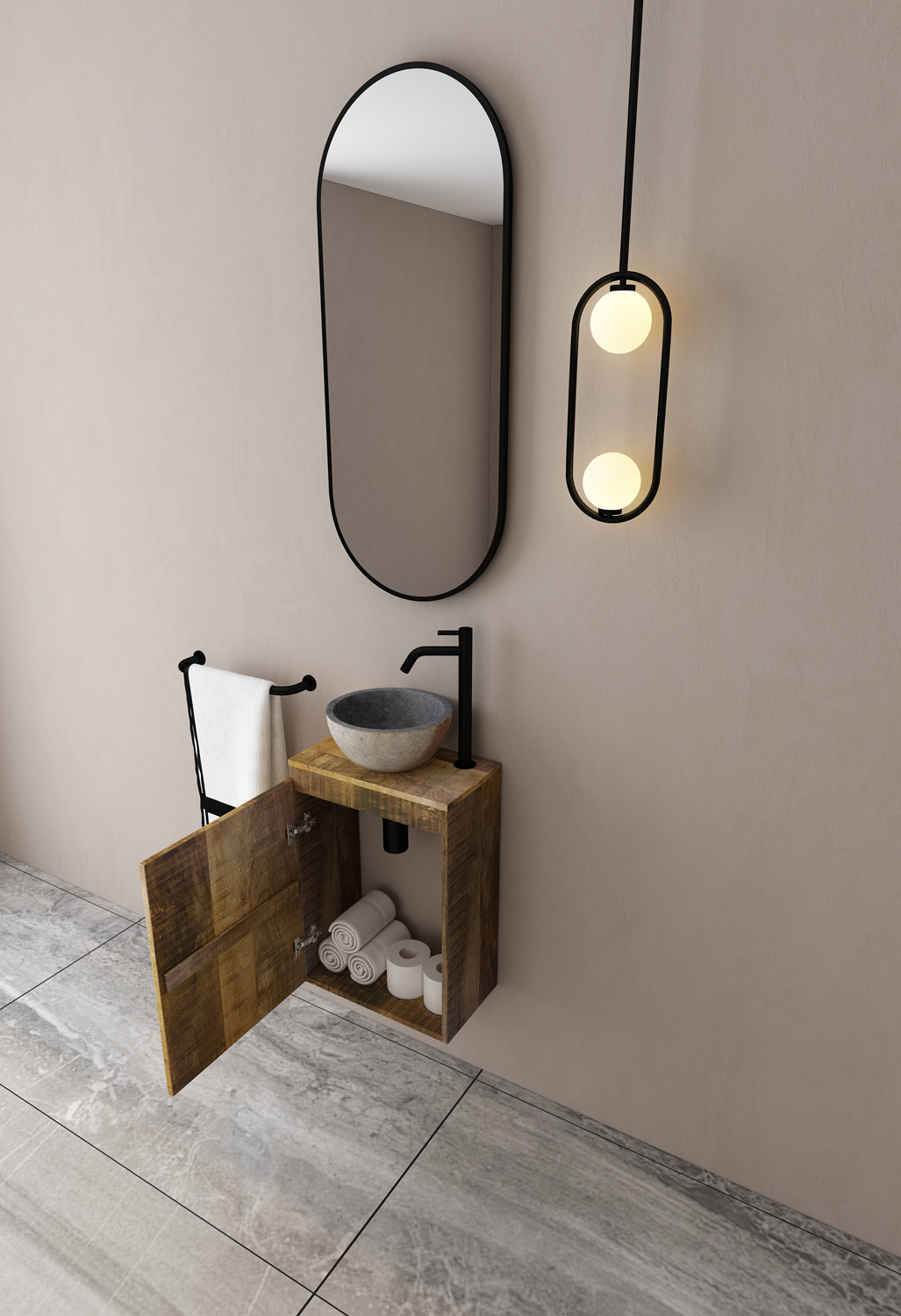 MD Interior Bello toiletmeubel mangohout met rivierstenen waskom links