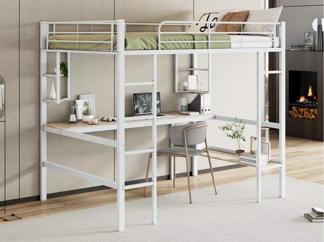 Lit mezzanine en fer - 140x200cm - avec bureau et 5 étagères - Blanc