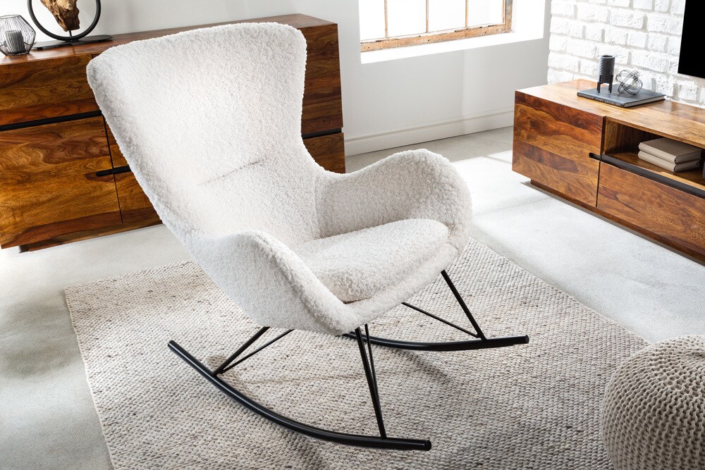 riess-ambiente Schaukelstuhl SCANDINAVIA SWING - weiß Bouclé Sessel schwarz Metall Wippmechanik