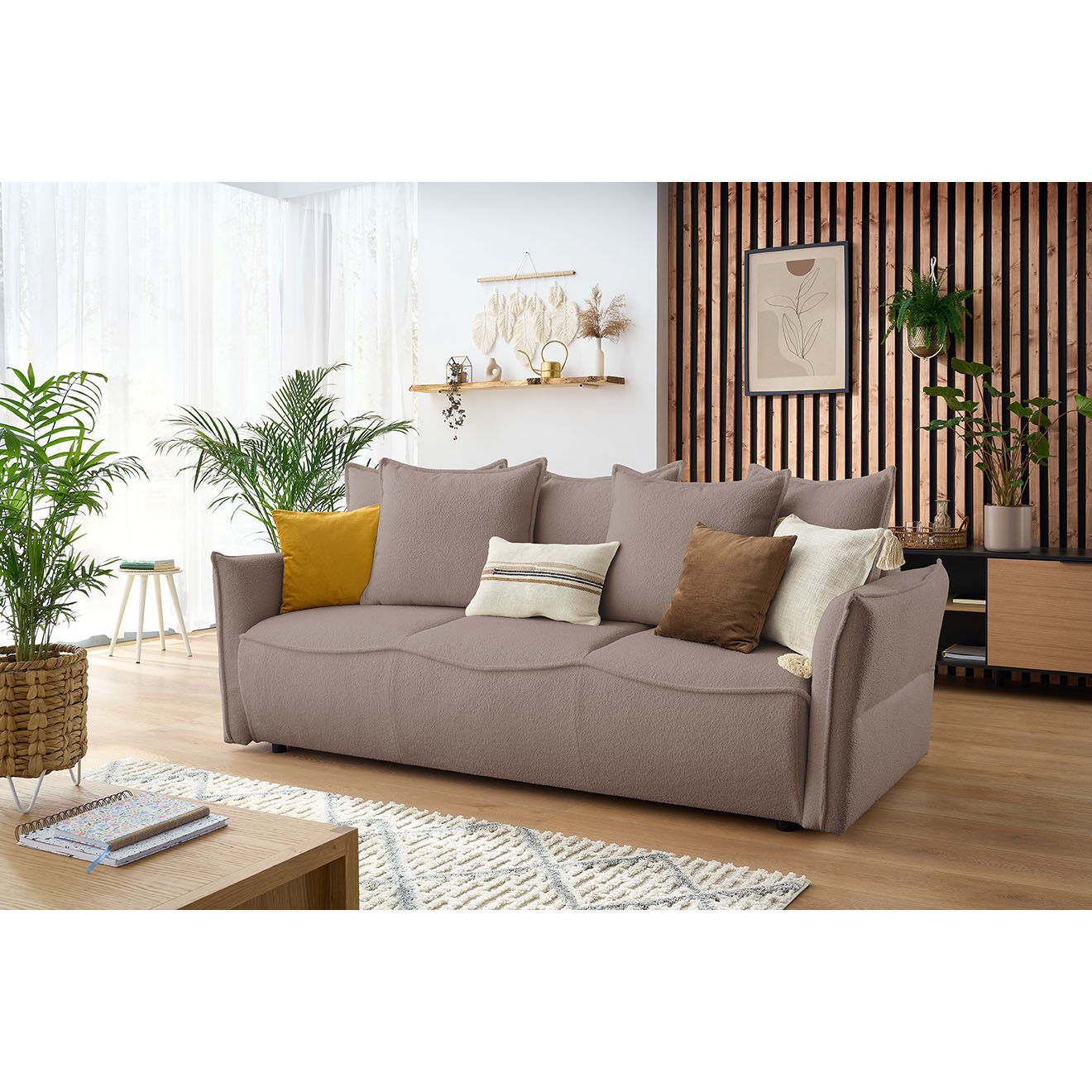 Bobochic Canapé 3 places convertible coffre Bouclette Leon marron - 226x97x90 cm