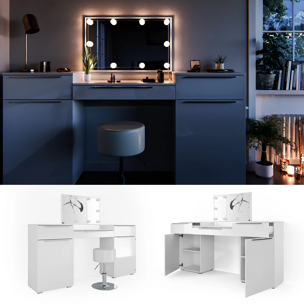 Vicco Schminktisch Lilli Frisiertisch Kommode Frisierkommode Spiegel Weiß inklusive Hocker und LED-Lichterkette