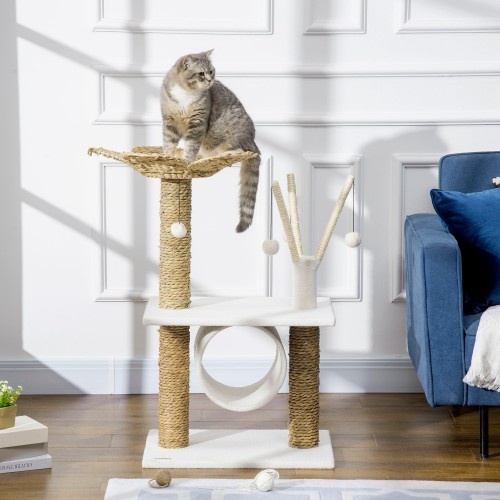 Arranhador PawHut tamanho médio, branco e marrom, para gatos.