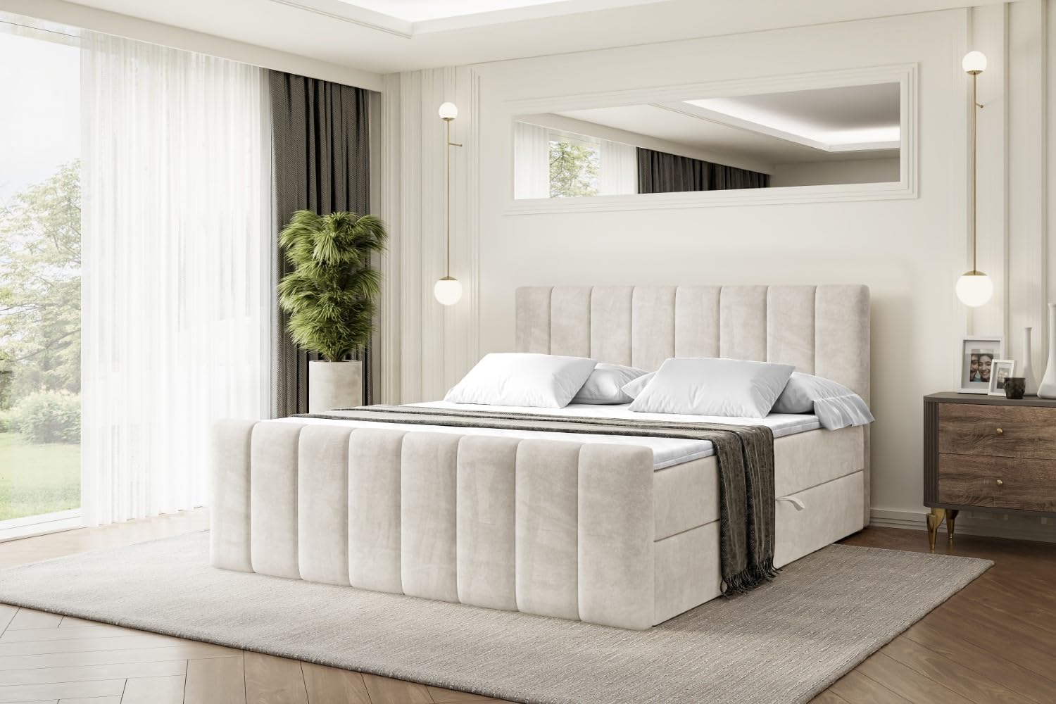 ALTDECOR Boxspringbett mit Matratze und Lattenrost, Boxbett, Topper, Fußteil, Polsterbett mit Bettkasten, Bett mit Stauraum H3-Matratze, Doppelbett, Springboxbett - OTTA-Z - 200x200 Beige Samt