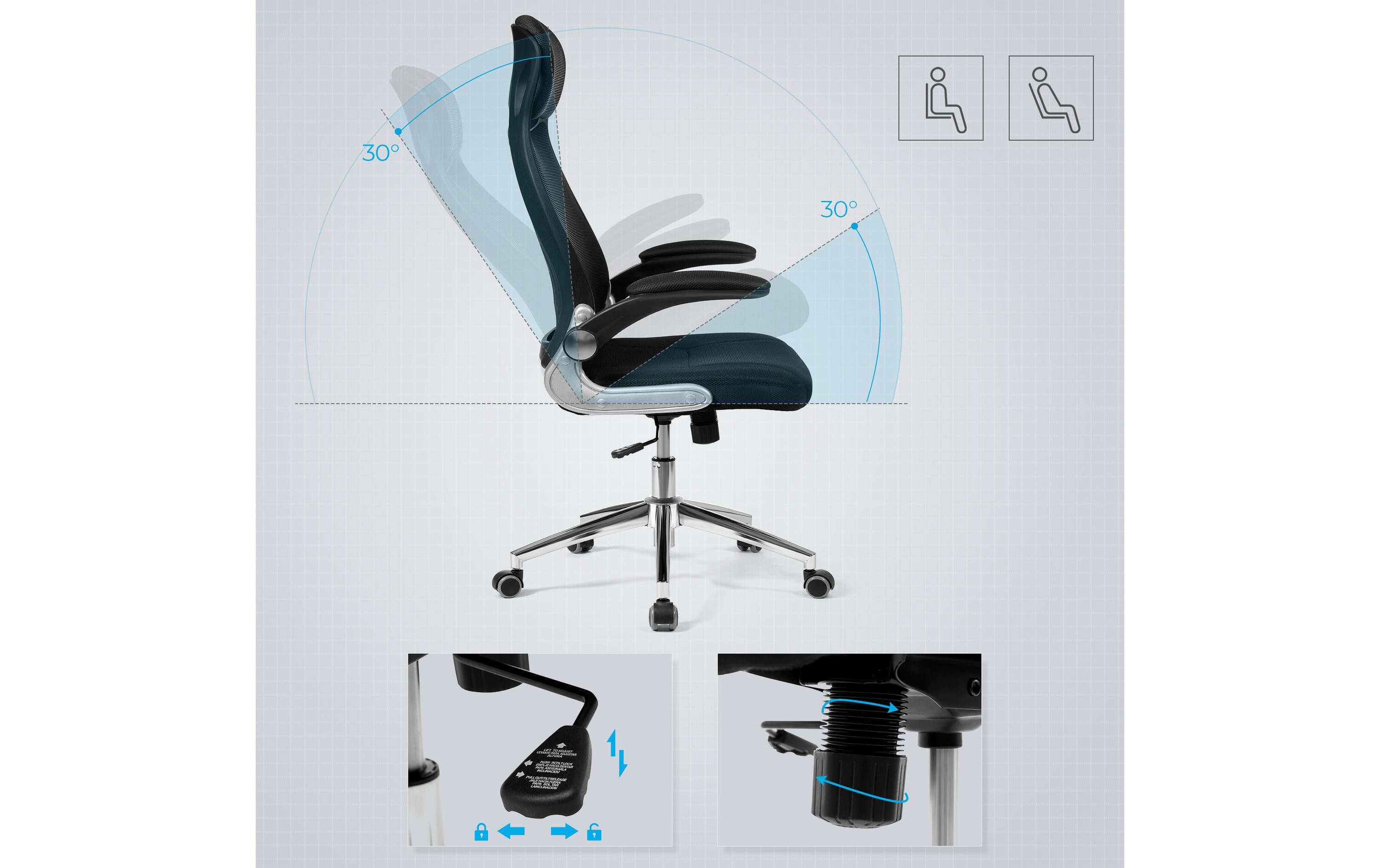 Bürostuhl mit Netzbezug, Armlehnen und Kopfstütze<br>Ergonomischer Schreibtischstuhl