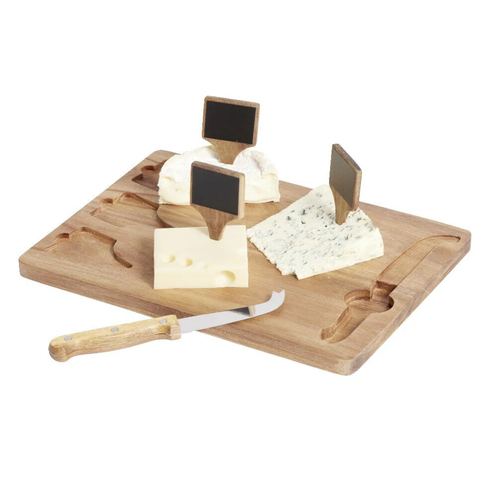 Plateau à fromage en bois avec couteau et 3 pancartes