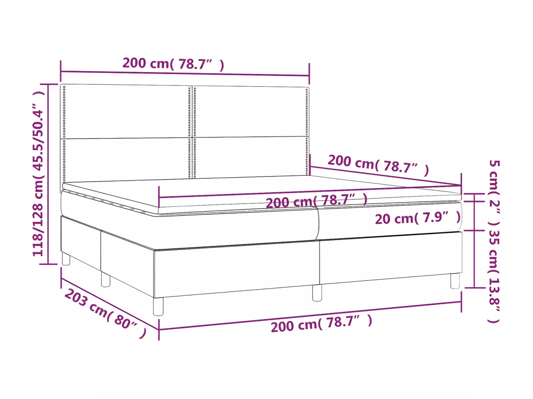 Sommier tapissier et matelas et LED Noir 200x200 cm Tissu