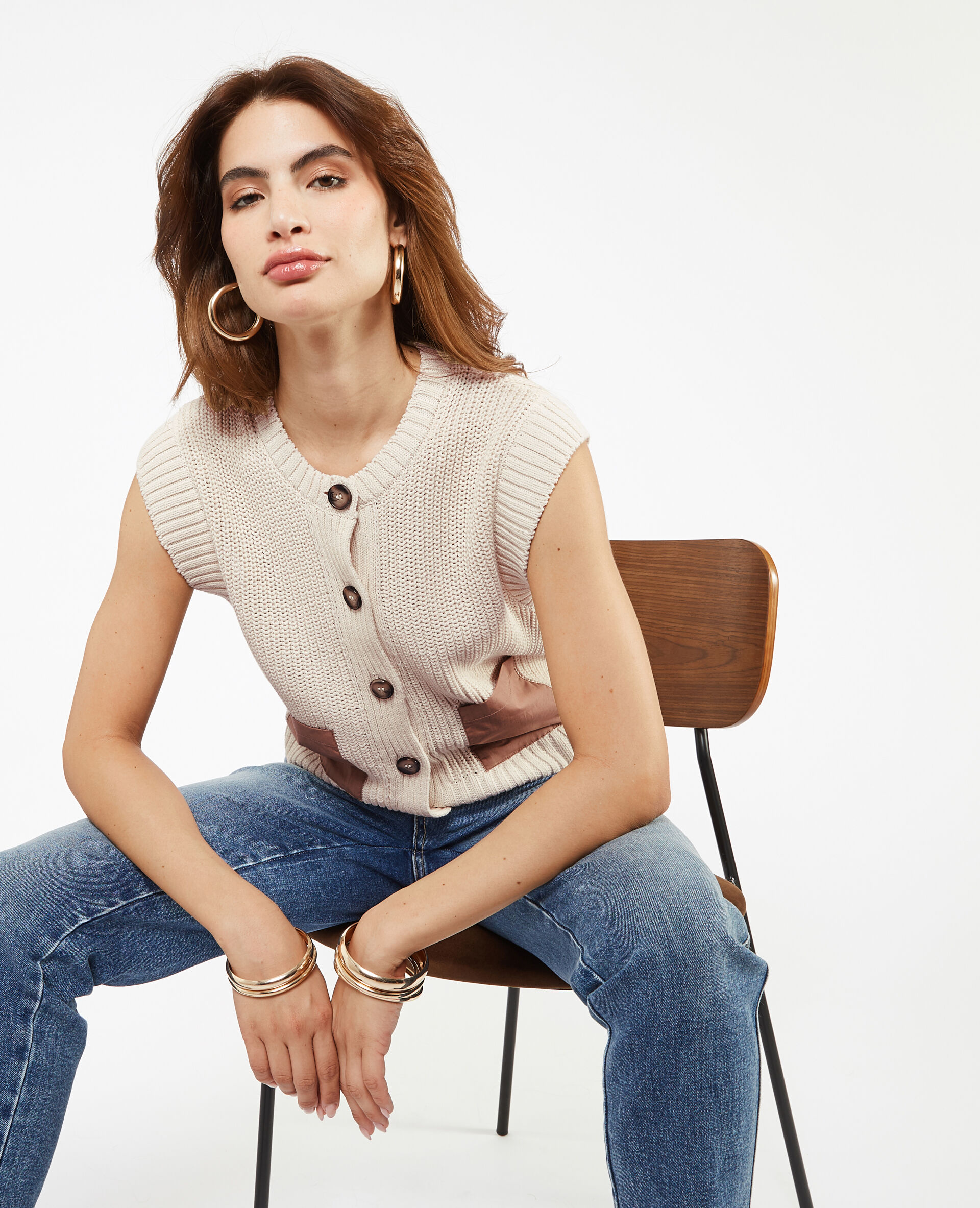 Gilet sans manche avec poches contrastées - Beige