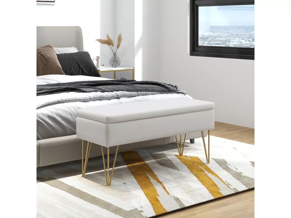 Banquette coffre de rangement 2 en 1 design art déco - piètement épingle acier doré tissu crème