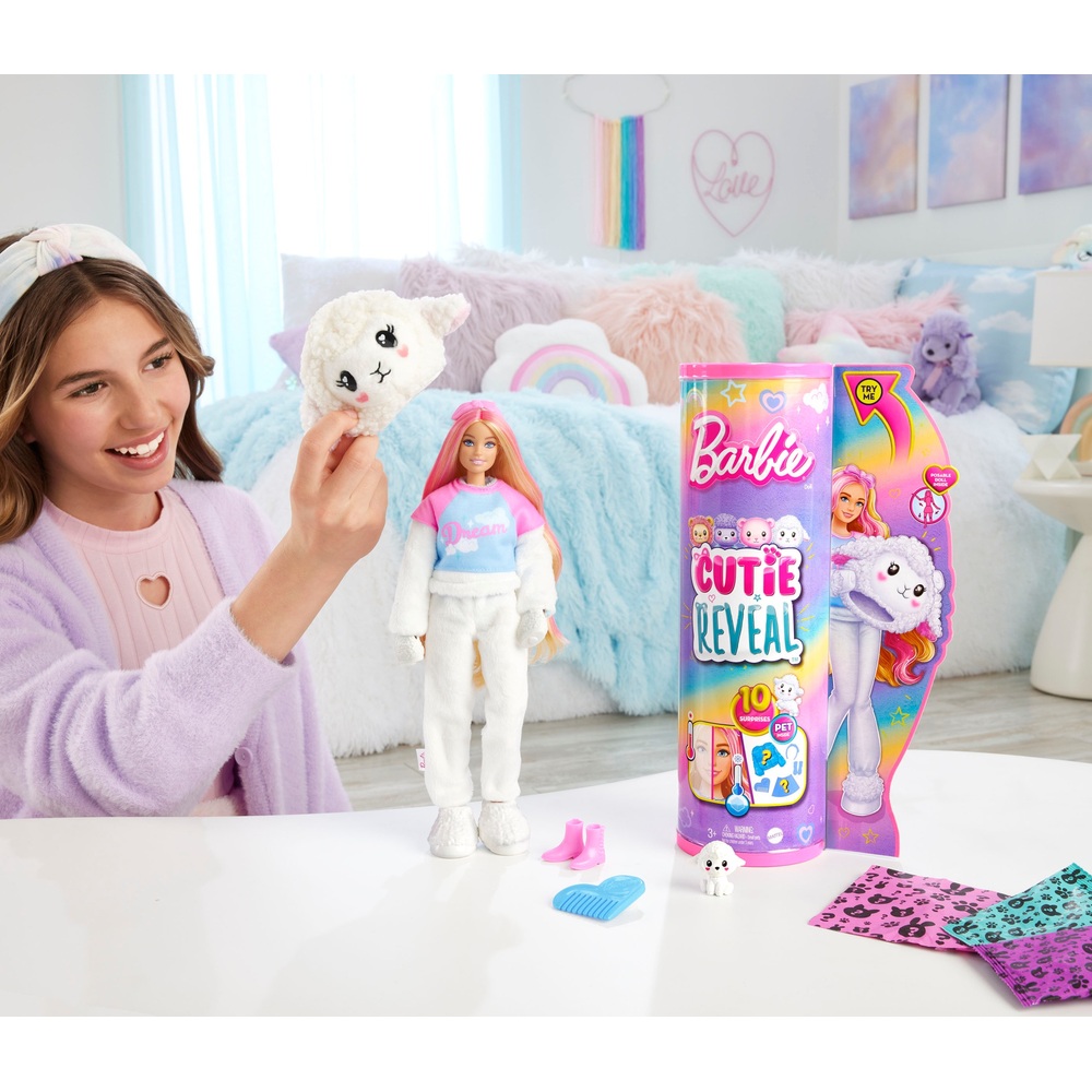 Barbie Cutie Reveal Cozy Cute Tees Puppe mit Lamm-Plüschkostüm und 10 Überraschungen