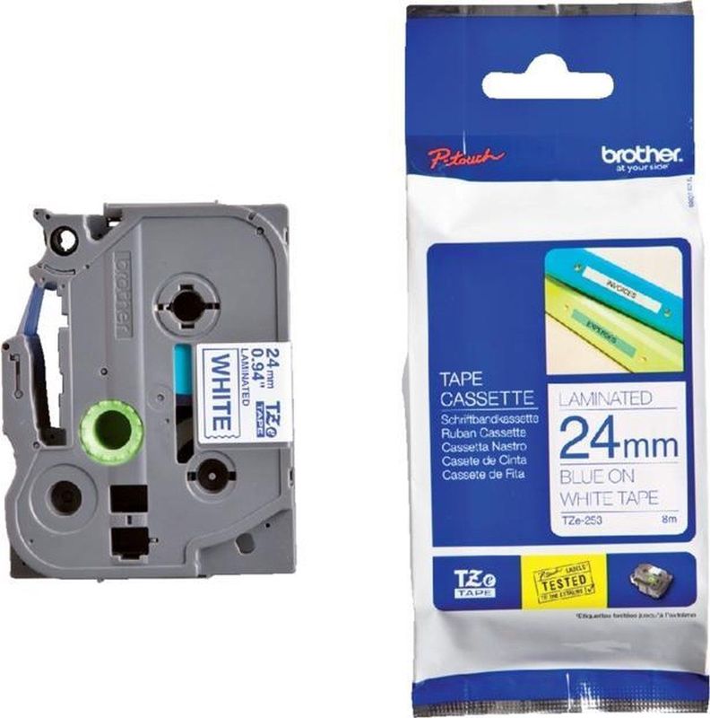 Brother Gloss Laminated Labelling Tape - 24mm, Blue/White labelprinter-tape TZ