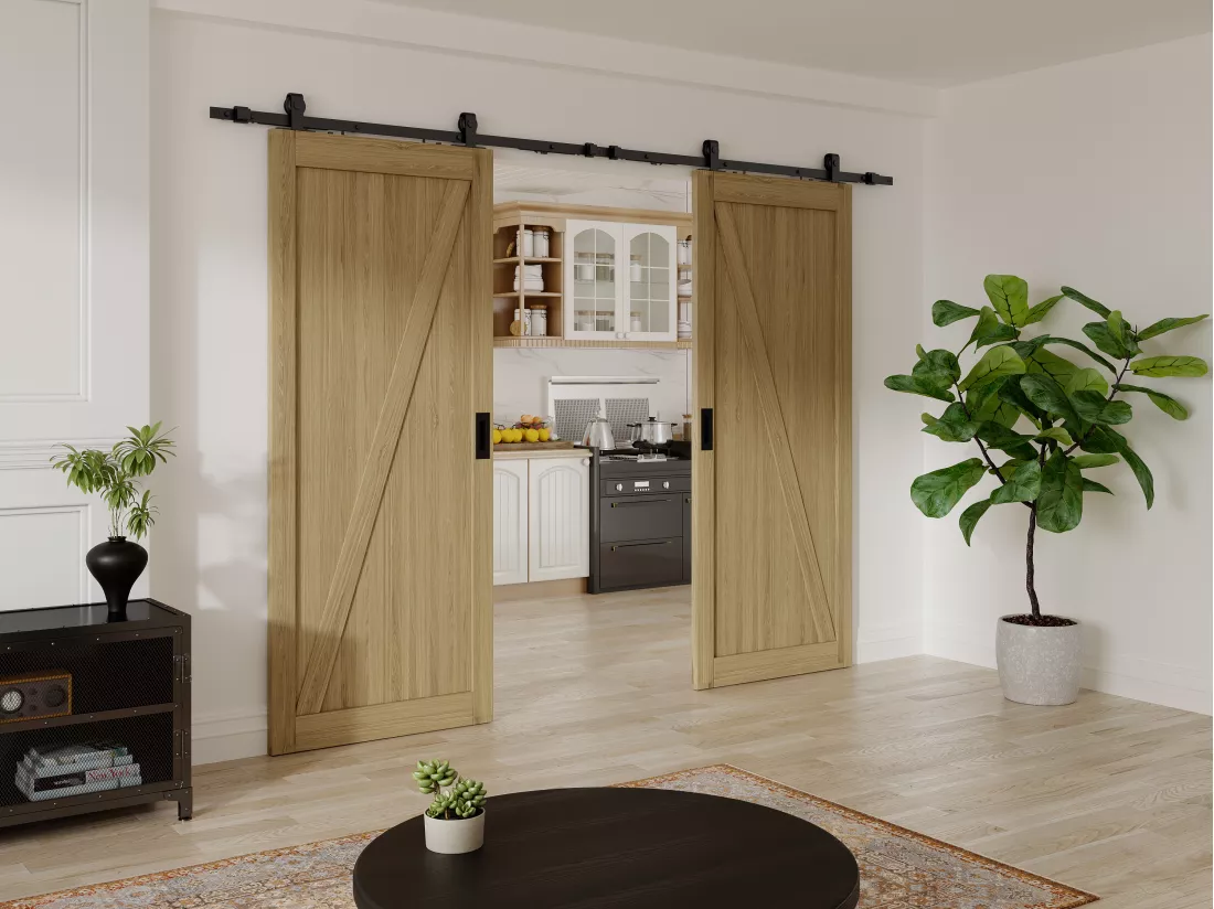 Porte coulissante double avec système en applique en bois et MDF - Naturel clair - 2 x H205 x L83 cm - BALERMA