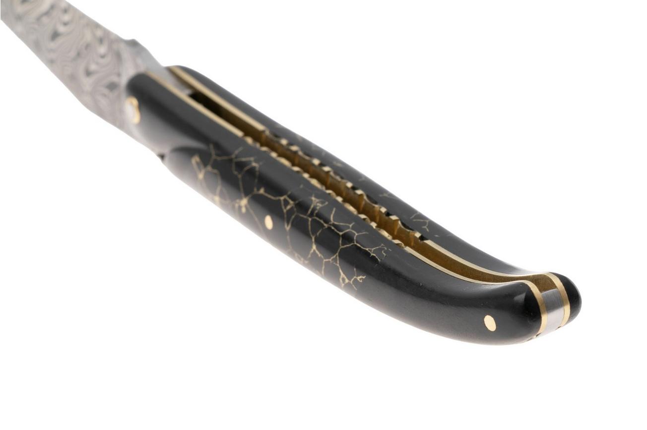 Laguiole en Aubrac Ebony, Onyx Gold Inlay, Handcarved Gold Brass Plates, Balbach Damascus, zakmes, 12 cm