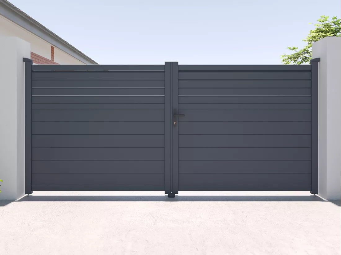 Portail électrique battant aluminium persienné L355 x H166 cm anthracite - VIAZO