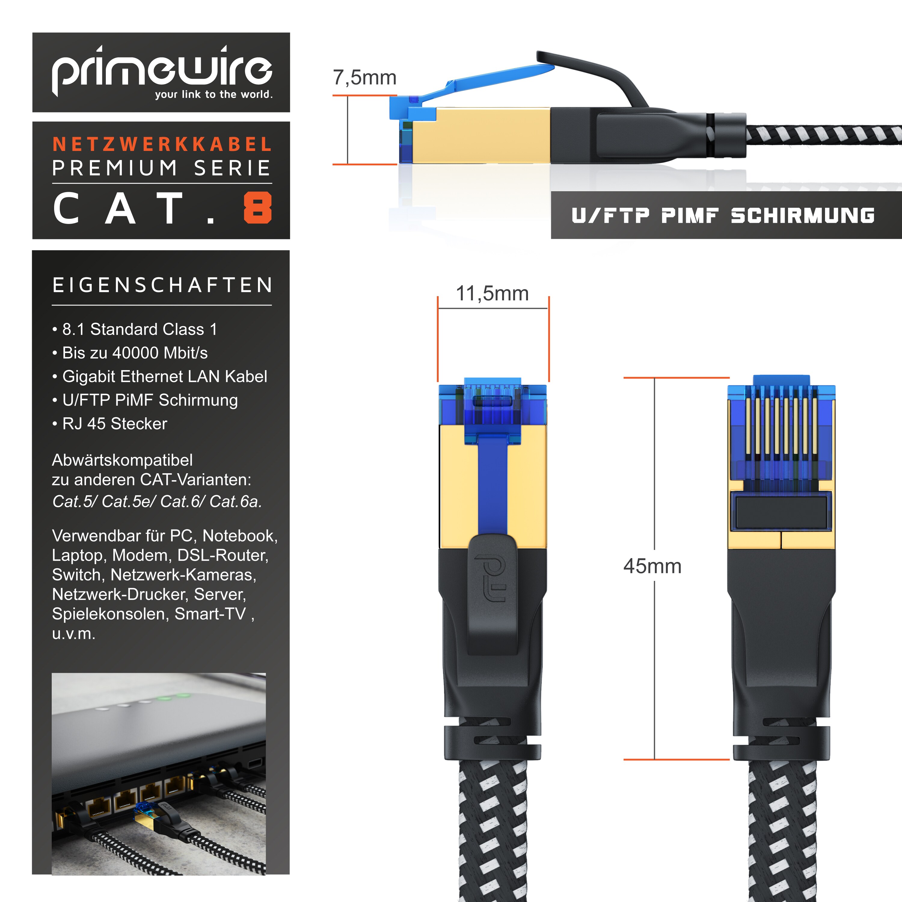 Primewire Flachbandpatchkabel CAT 8 mit Baumwollummantelung - Gigabit Ethernet LAN Kabel - 40 Gbit/s - S/FTP PIMF Schirmung - Netzwerkkabel - 0,25m