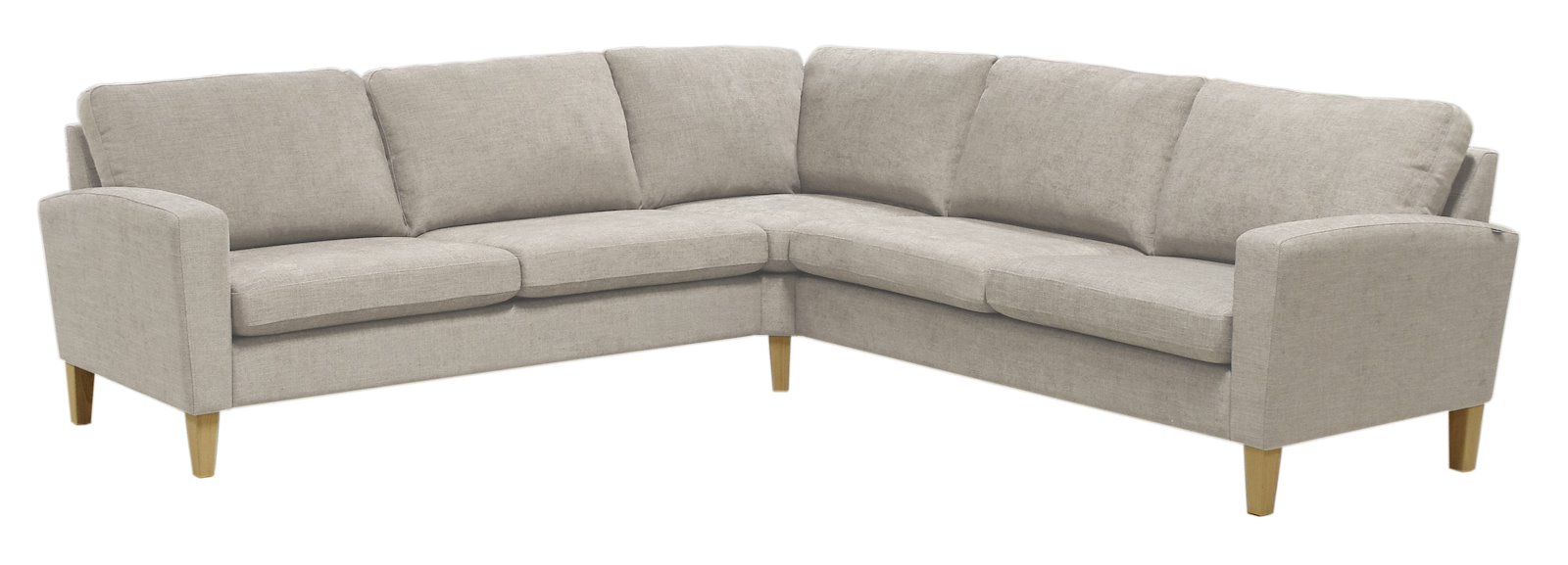Noor Soft 25 hjørnesofa 2,5/2,5-seter hjørnesofa. Tekstil Mia Beige, vange 01 og med ben 20 hvitoljet eik