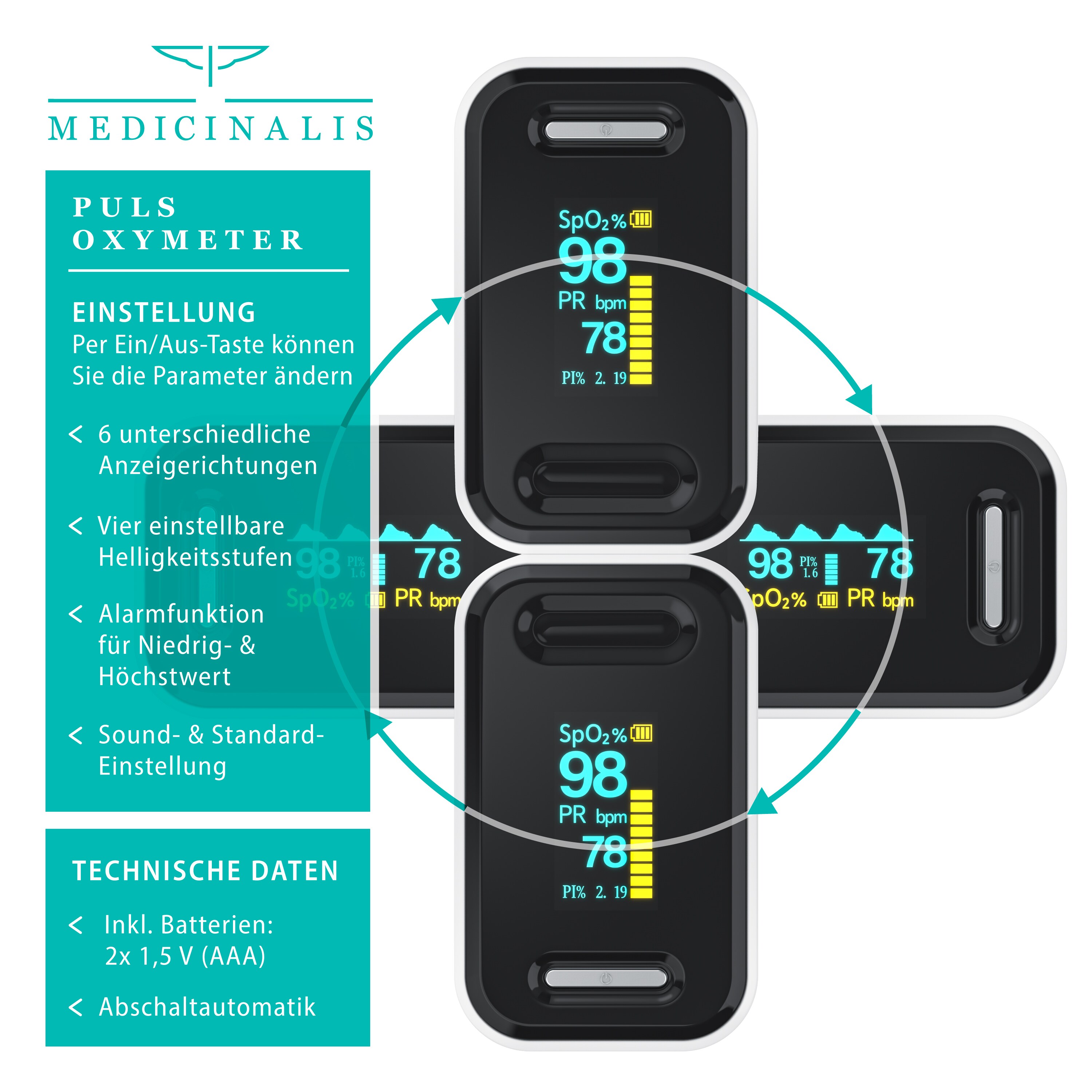 Medicinalis Pulsoximeter Finger - SpO2 Pulsmesser - Fingerpulsoximeter - Messung von Puls und Sauerstoffsättigung am Finger - OLED Display