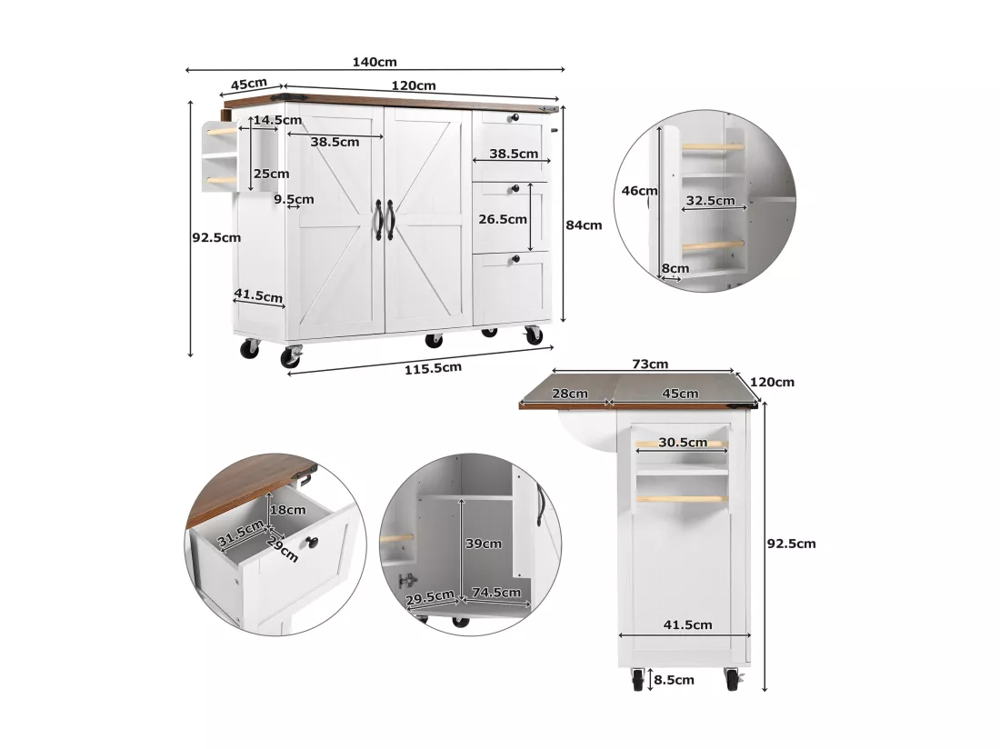 Ilot central de cuisine mobile avec 2 portes et 3 tiroirs - plateau extensible - 140 x 45/73 x 92.5 cm - Bois MDF + métal - Blanc + naturel
