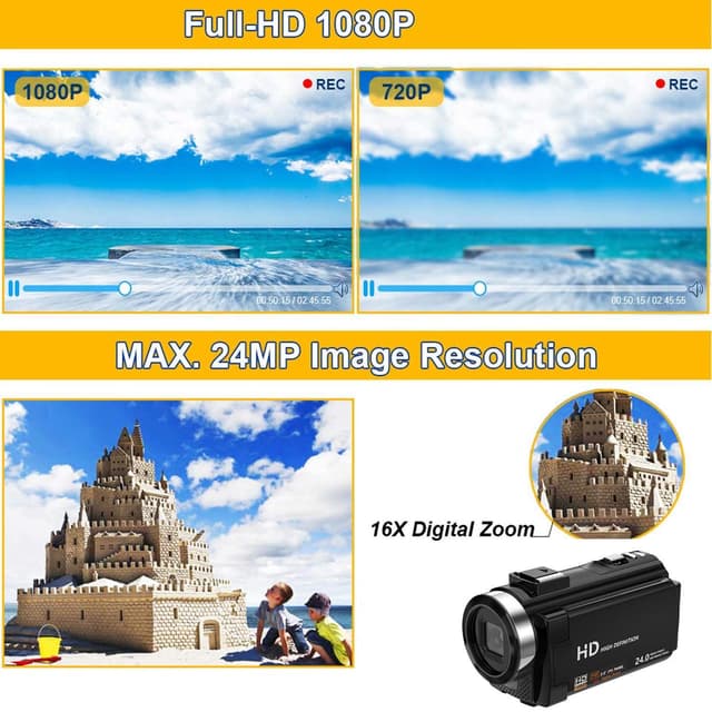 Videokamera 1080P / 24MP / 16x zoom og drejelig LCD-skærm