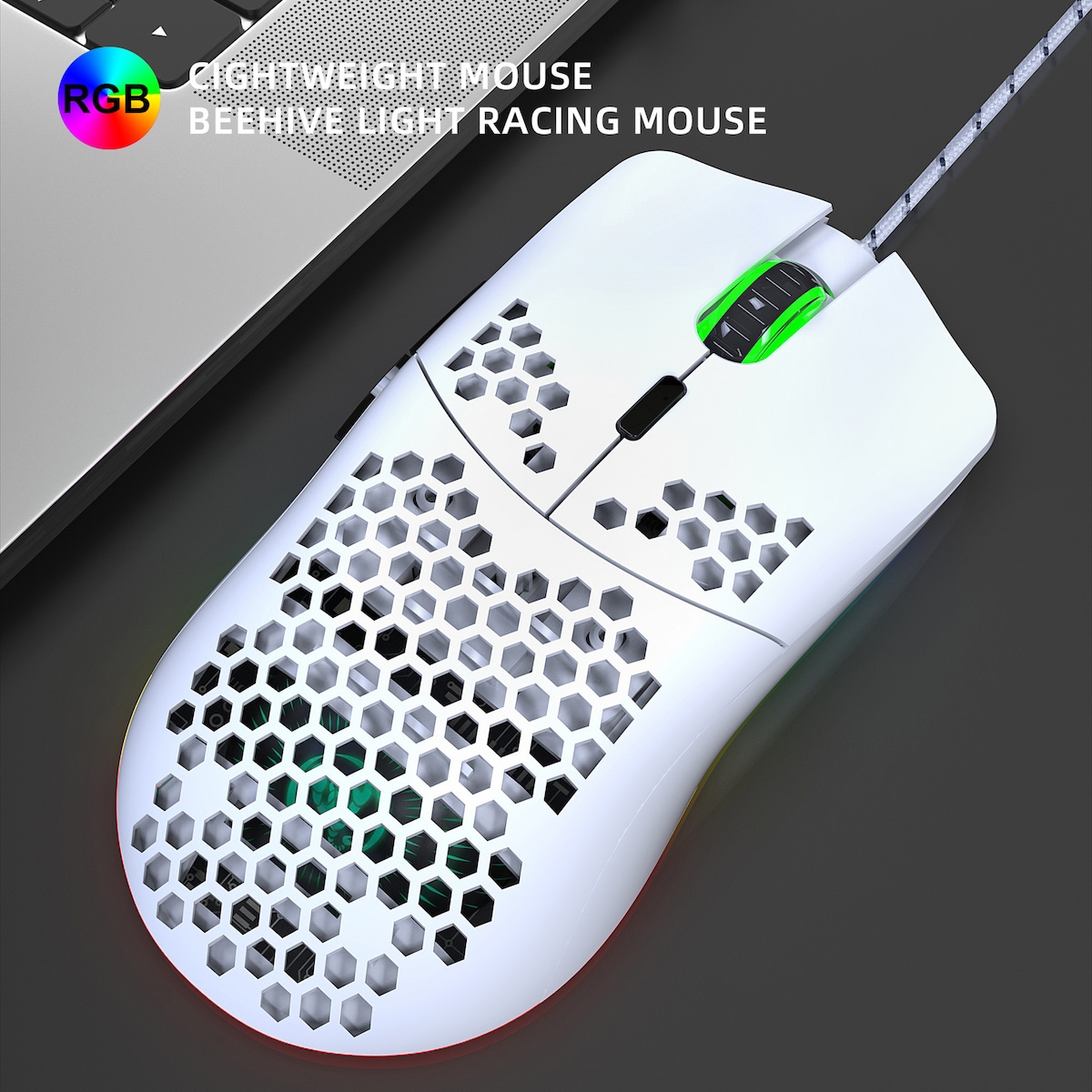 Lett kablet gamingmus med RGB-belysning, 6 justerbare DPI, 6-knapper Hvit