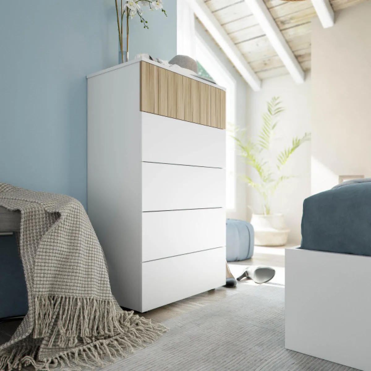 Dansmamaison Commode 5 tiroirs - Blanc/Bois clair