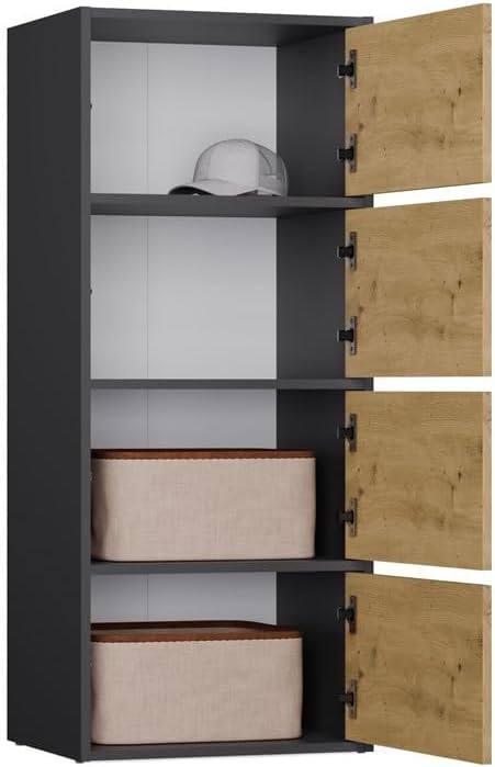 CDF Kommode Schrank Hochschrank mit 4 Türen und Einlegeböden - für Wohnzimmer Schlafzimmer Flur Büro – Grifflose Fronten – Modernes Design und langlebige Ausführung – Anthrazit Eiche Artisan Alma