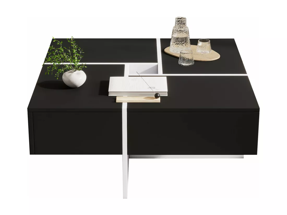 Table basse carrée avec rangement central, noire,d70cm×h35cm