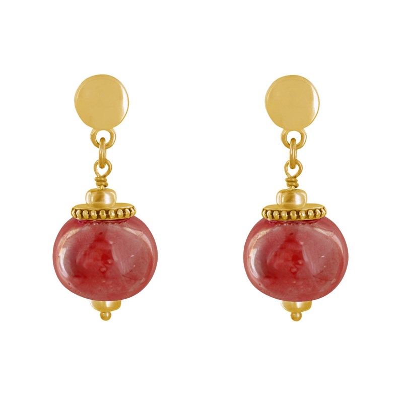 Boucles d'Oreilles Clous Métal Doré et Grosses Perles en Céramique