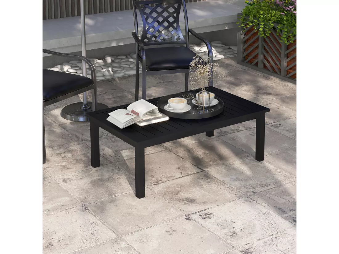 Table basse rectangulaire de jardin plateau à lattes dim. 100L x 60l x 37H cm pieds antidérapants alu noir