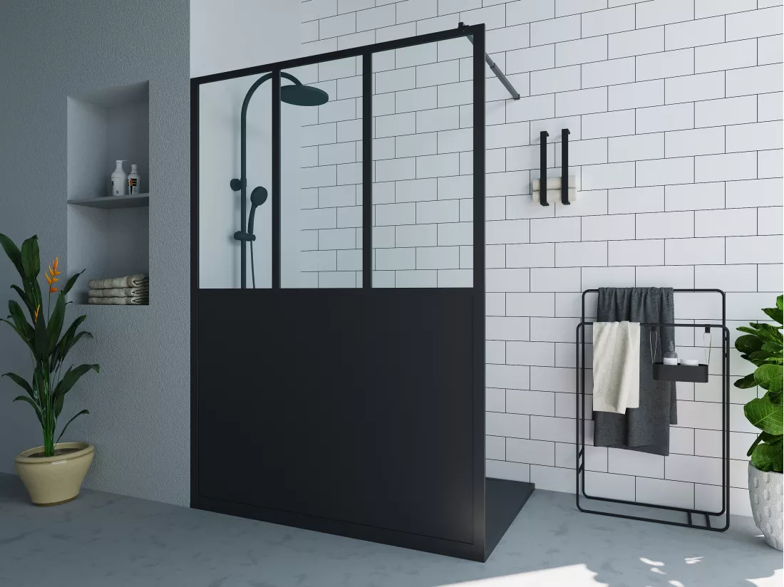 Paroi de douche à l'italienne style atelier - Noir mat - 140 x 200 cm - URBANIK