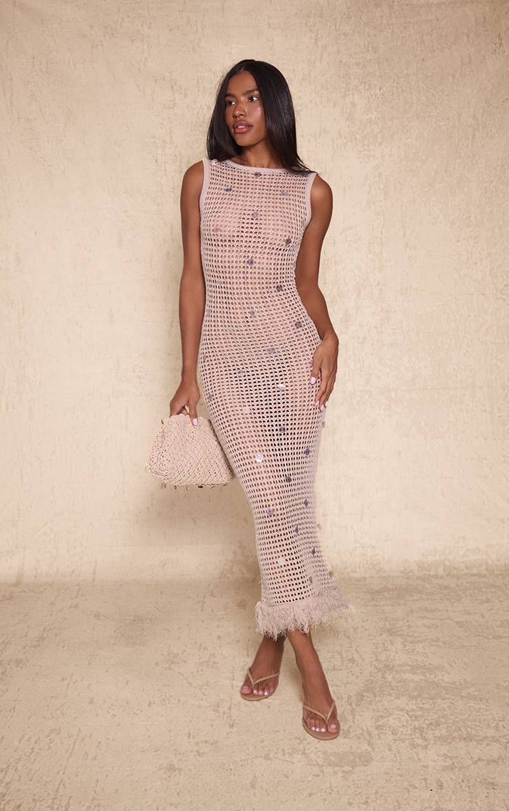 Taupe Robe Maxi Moulante À Sequins Tricotés Avec Ourlet À Franges