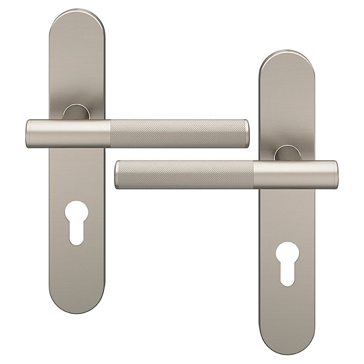 Ensemble poignée sur plaque rondcylindre GoodHome Irus effet nickel satin gris L.150mm x l.42mm entraxe 165-195mm