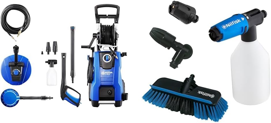 Nilfisk E 145 bar 145.4-9 X-TRA PAD Hochdruckreiniger – 2100-W-Induktionsmotor, 230 V (blau) & Click&Clean Zubehör-Set zur Fahrzeugreinigung für Hochdruckreiniger