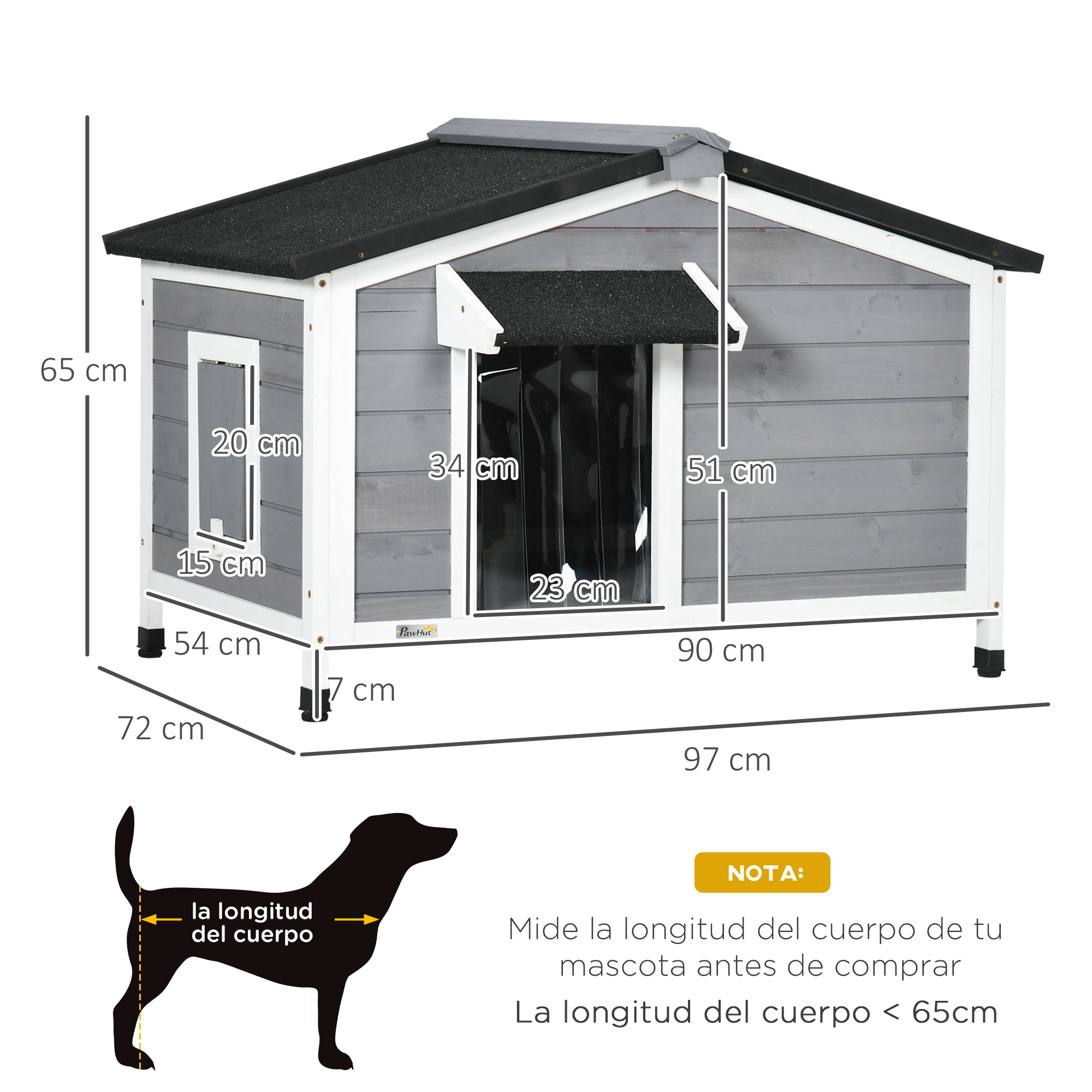 Casinha de madeira para cães PawHut, 97x72x65 cm, com telhado articulado de asfalto, 2 janelas, porta com cortina e base removível, cinza.