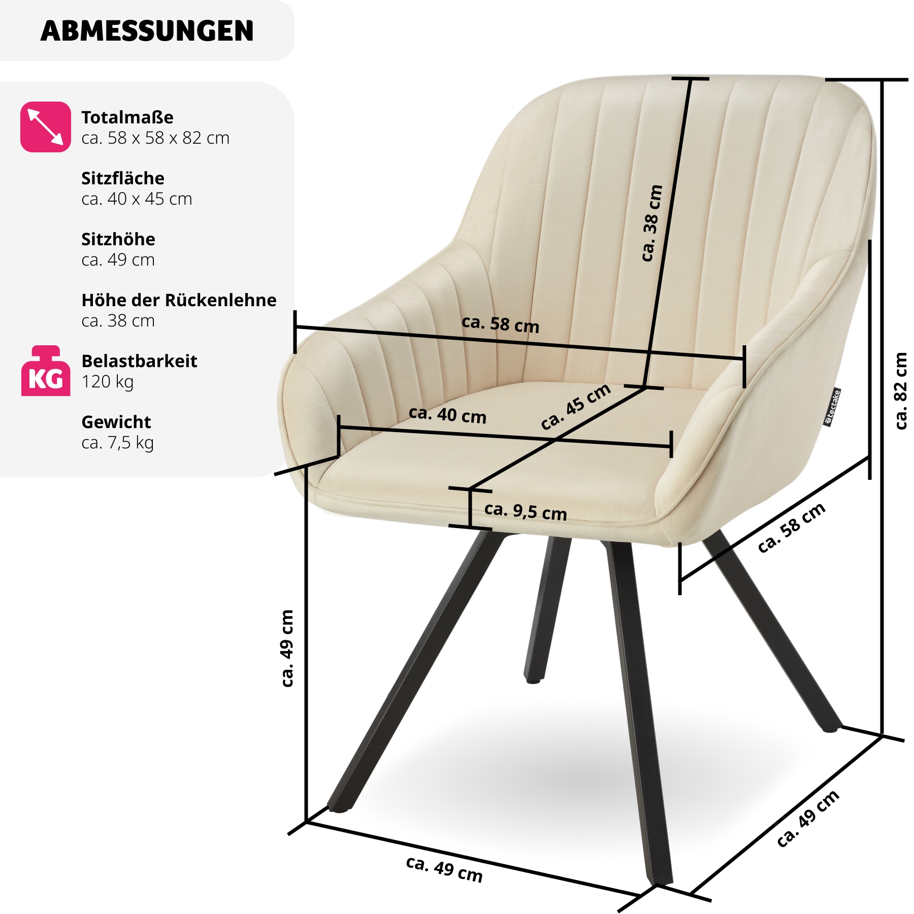 tectake® Drehbarer Armlehnstuhl , gepolstert, in Samtoptik, 360° drehbar, schlanke Stahlbeine, 58 x 58 x 82 cm