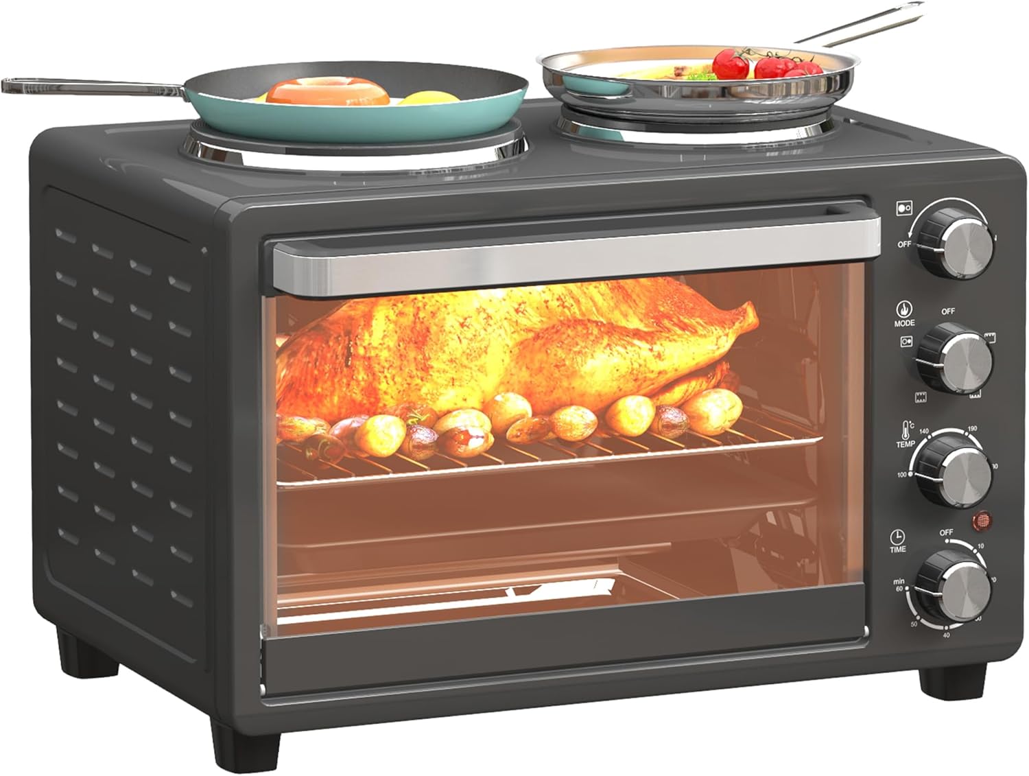HOMCOM Minibackofen 28 L 2600W 100-230℃ Pizzaofen mit 60 Min. Timer, Grillrost 2 Kochplatten, Backblech, Mini Backofen mit Tablettgriff, Krümelblech, Schwarz